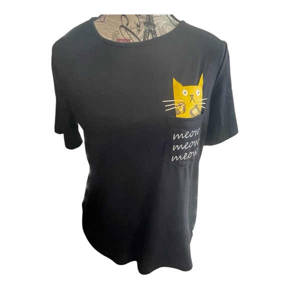 None Tops - Black Tee with Yellow Cat Pocket Design